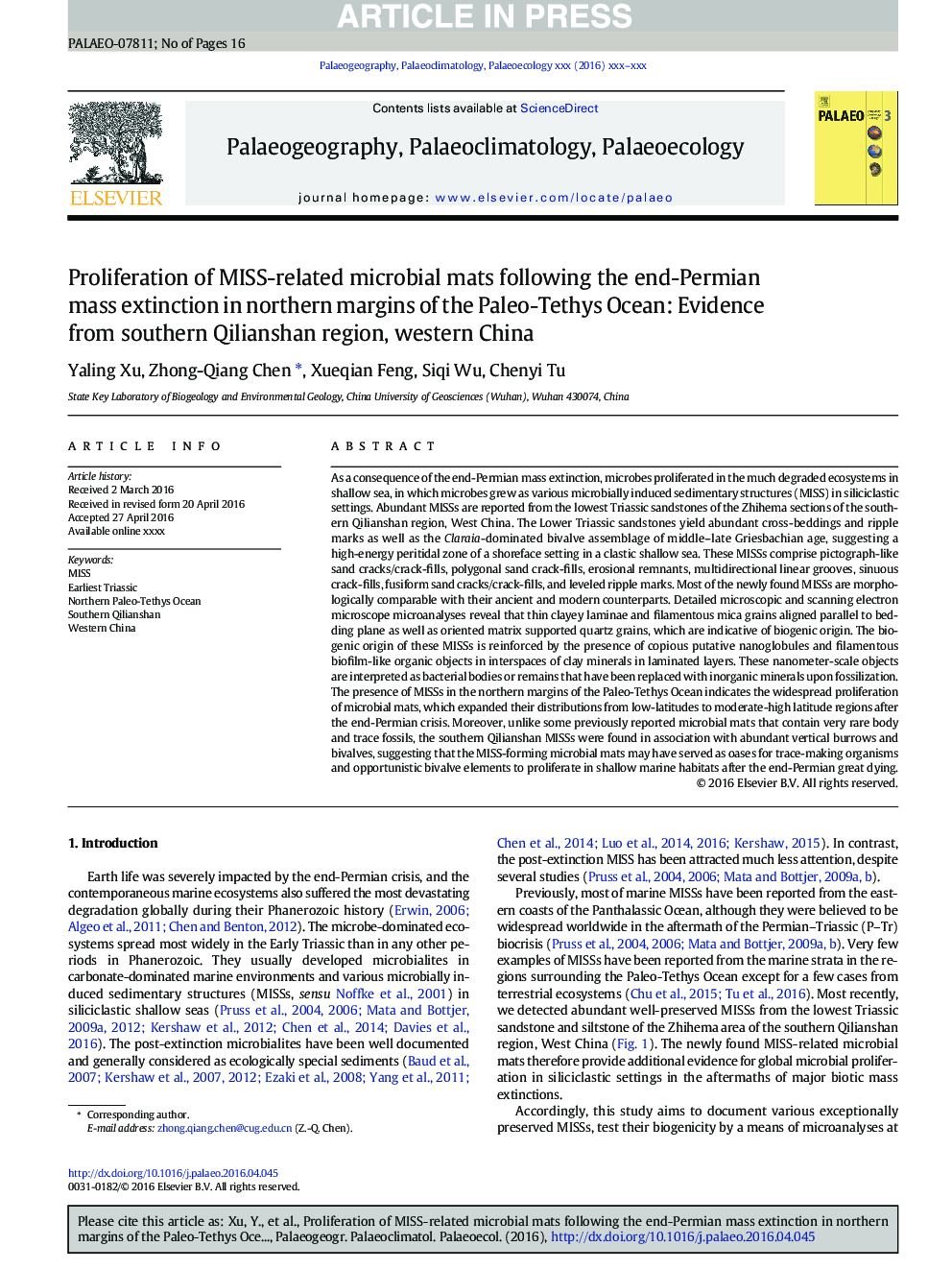 Proliferation of MISS-related microbial mats following the end-Permian mass extinction in the northern Paleo-Tethys: Evidence from southern Qilianshan region, western China
