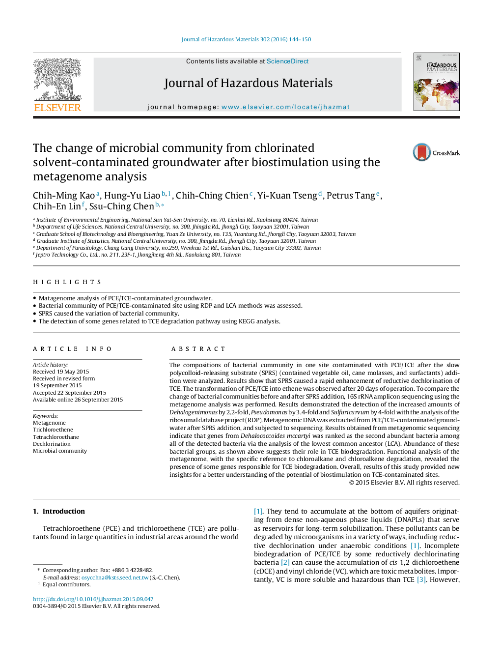 The change of microbial community from chlorinated solvent-contaminated groundwater after biostimulation using the metagenome analysis