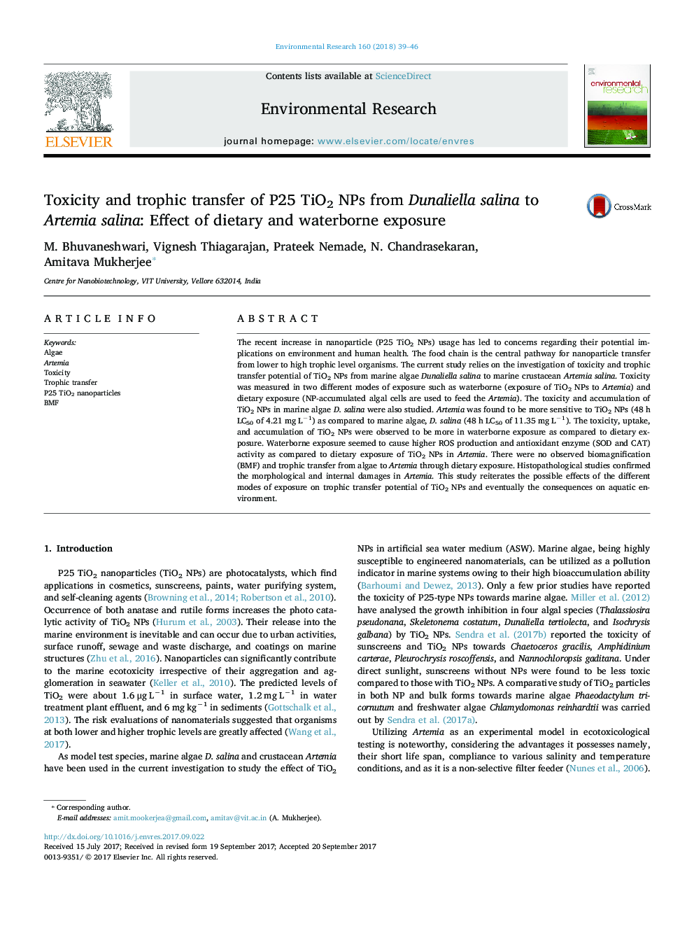Toxicity and trophic transfer of P25 TiO2 NPs from Dunaliella salina to Artemia salina: Effect of dietary and waterborne exposure