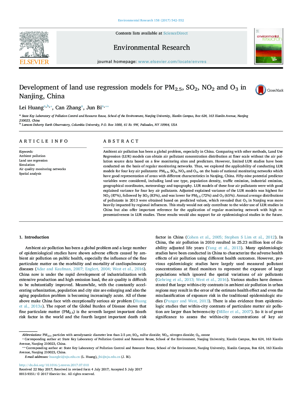 Development of land use regression models for PM2.5, SO2, NO2 and O3 in Nanjing, China