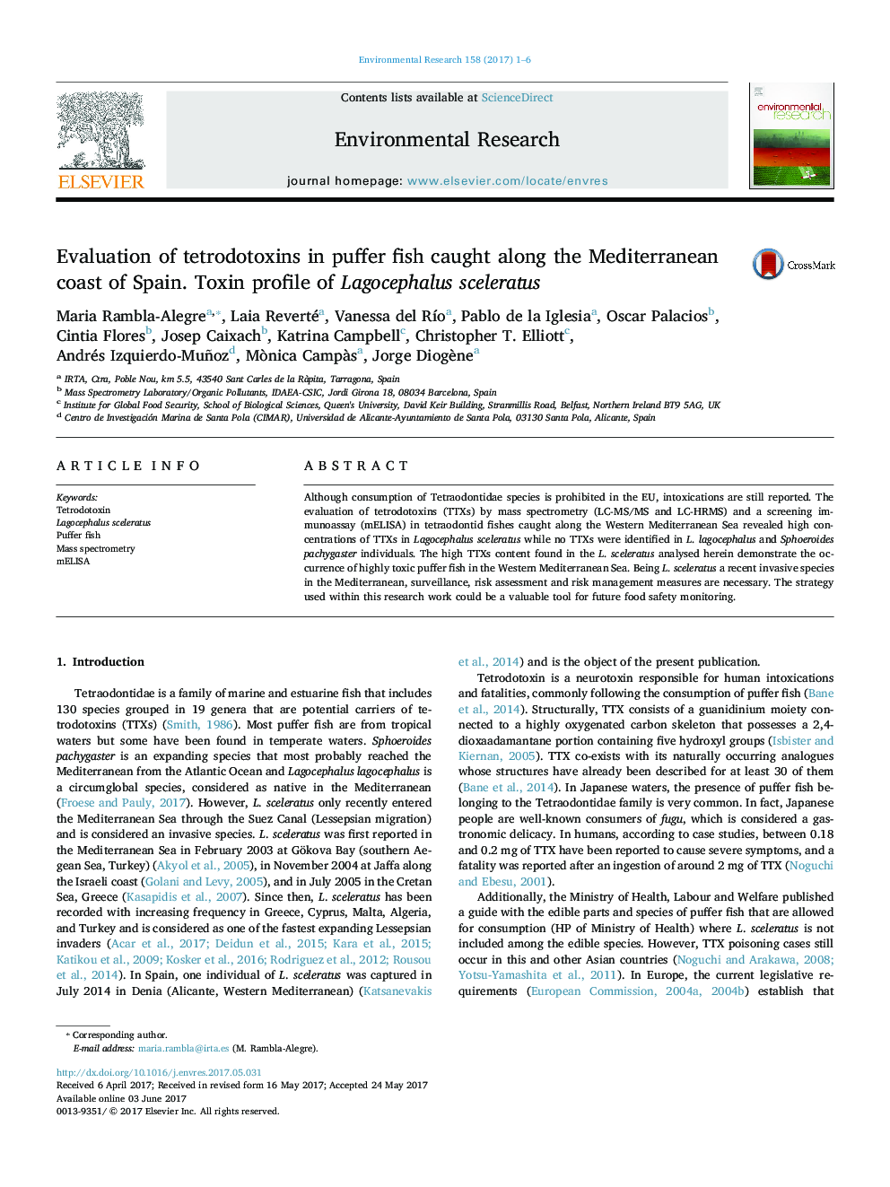 Evaluation of tetrodotoxins in puffer fish caught along the Mediterranean coast of Spain. Toxin profile of Lagocephalus sceleratus