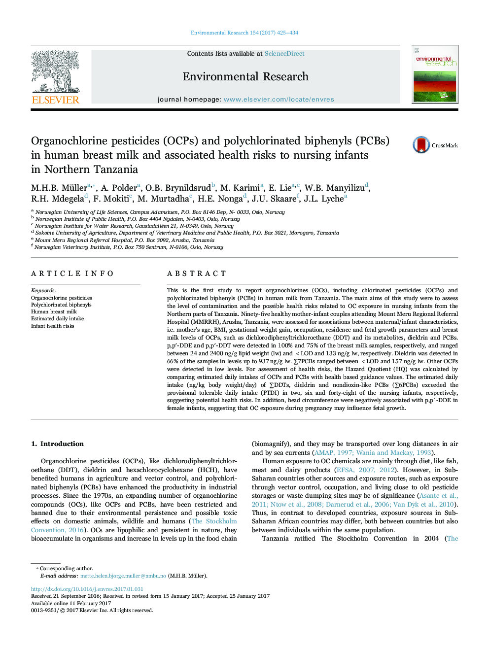 Organochlorine pesticides (OCPs) and polychlorinated biphenyls (PCBs) in human breast milk and associated health risks to nursing infants in Northern Tanzania