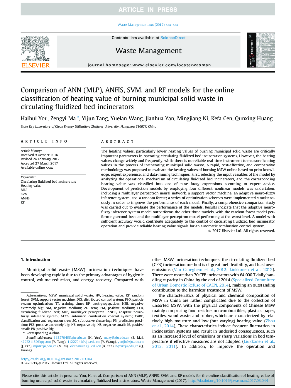 Comparison of ANN (MLP), ANFIS, SVM, and RF models for the online classification of heating value of burning municipal solid waste in circulating fluidized bed incinerators