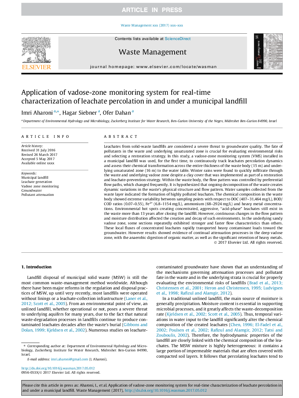 Application of vadose-zone monitoring system for real-time characterization of leachate percolation in and under a municipal landfill