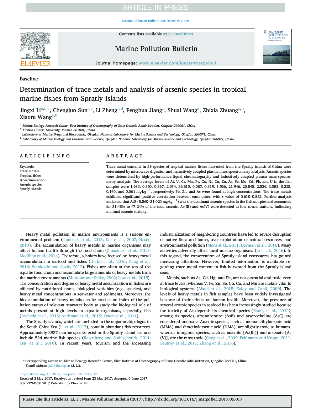 تعیین فلزات ردیابی و تجزیه و تحلیل گونه های آرسنیک در ماهی های دریایی گرمسیری از جزایر اسپاتتی 