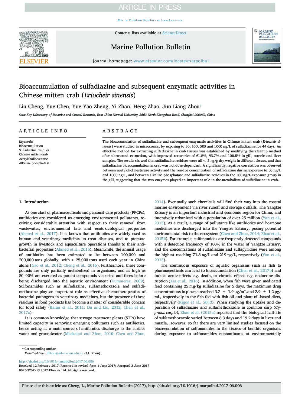 Bioaccumulation of sulfadiazine and subsequent enzymatic activities in Chinese mitten crab (Eriocheir sinensis)