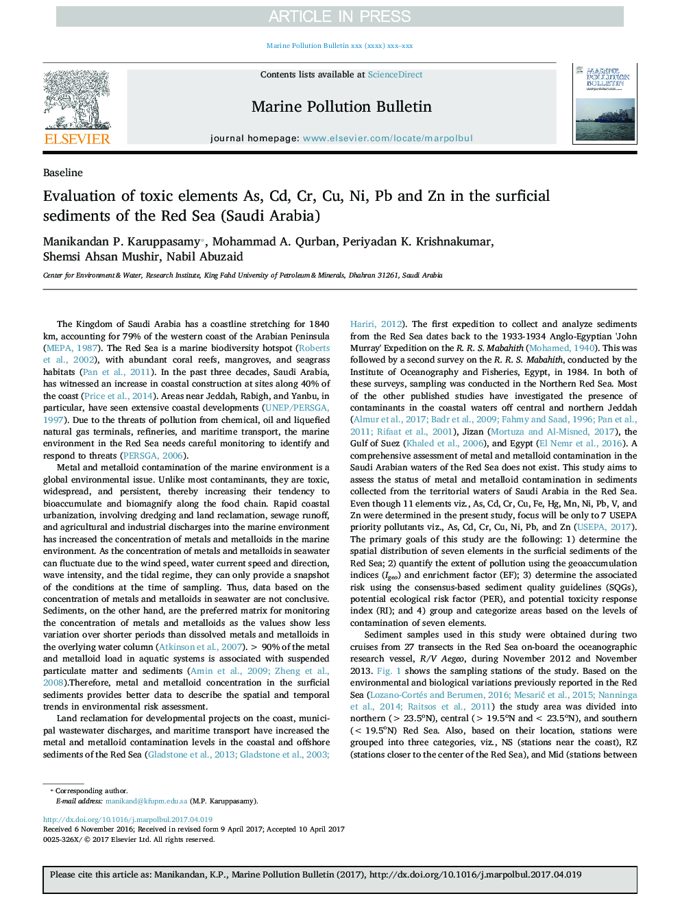 Evaluation of toxic elements As, Cd, Cr, Cu, Ni, Pb and Zn in the surficial sediments of the Red Sea (Saudi Arabia)