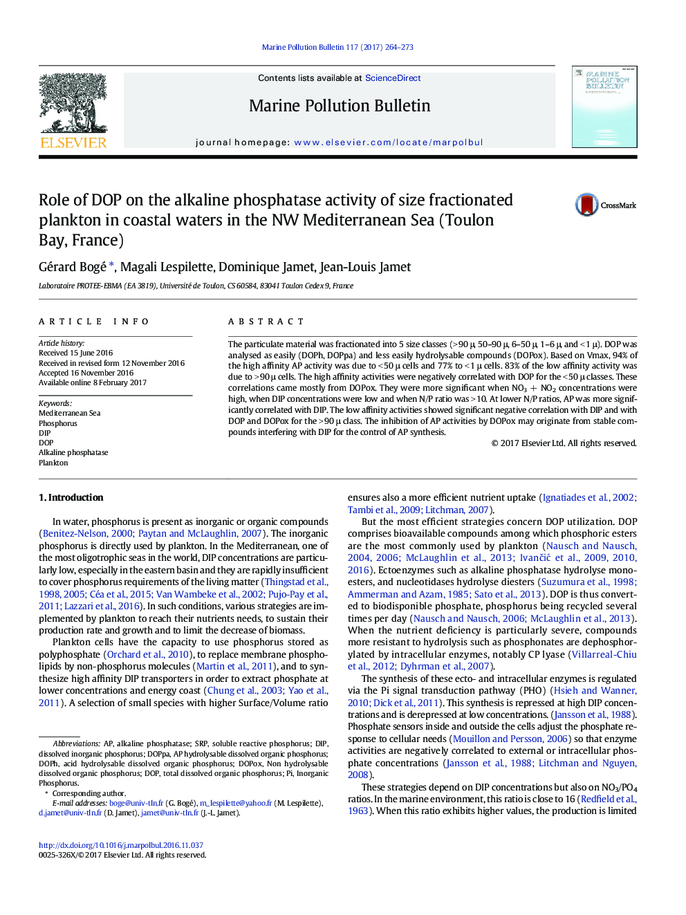 Role of DOP on the alkaline phosphatase activity of size fractionated plankton in coastal waters in the NW Mediterranean Sea (Toulon Bay, France)