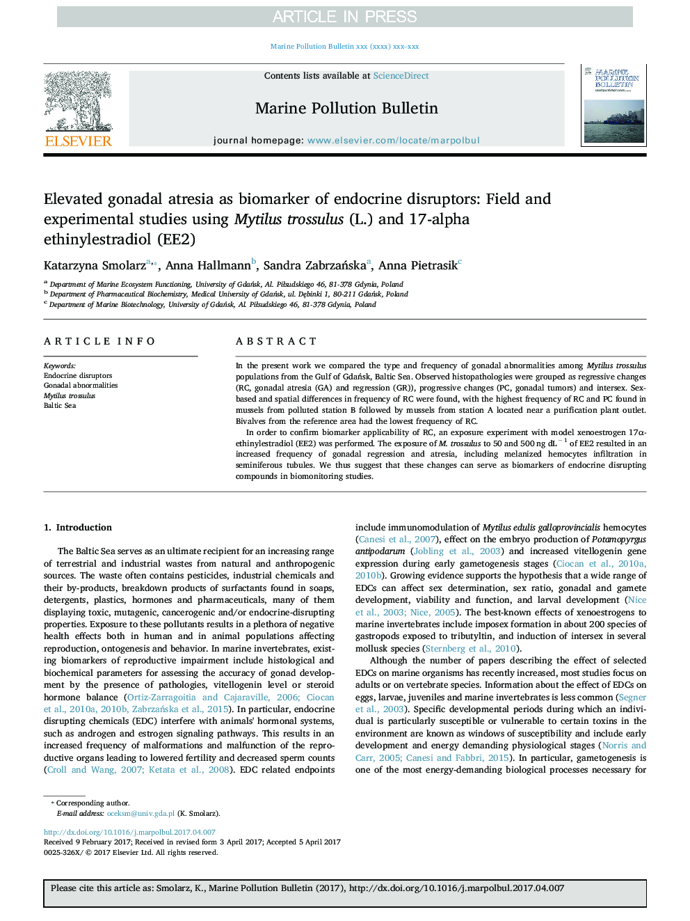 Elevated gonadal atresia as biomarker of endocrine disruptors: Field and experimental studies using Mytilus trossulus (L.) and 17-alpha ethinylestradiol (EE2)