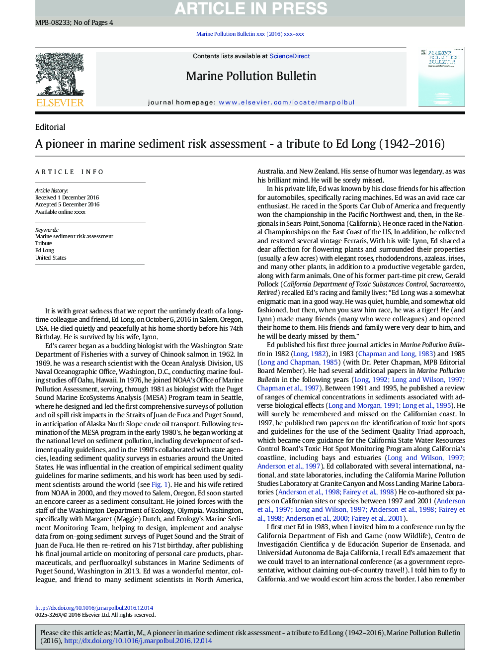 A pioneer in marine sediment risk assessment - a tribute to Ed Long (1942-2016)