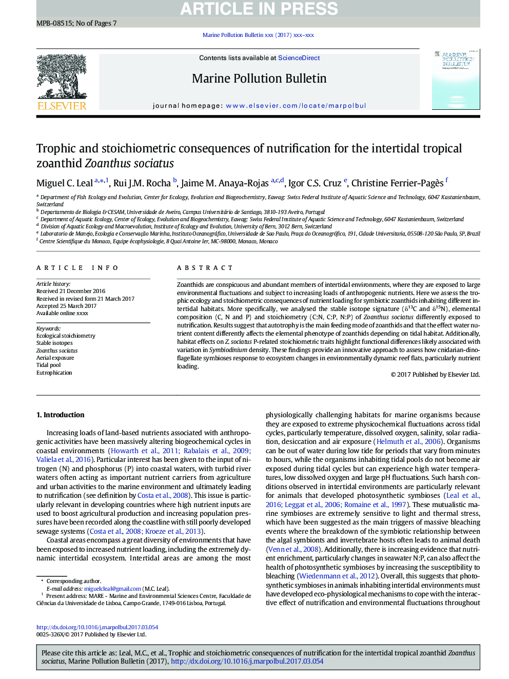 Trophic and stoichiometric consequences of nutrification for the intertidal tropical zoanthid Zoanthus sociatus