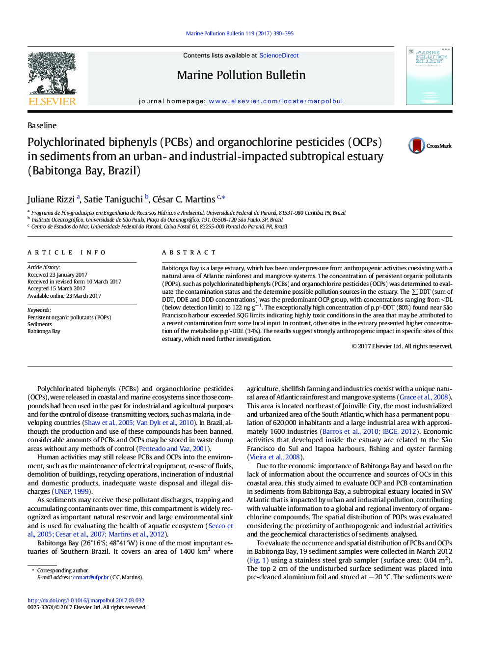 BaselinePolychlorinated biphenyls (PCBs) and organochlorine pesticides (OCPs) in sediments from an urban- and industrial-impacted subtropical estuary (Babitonga Bay, Brazil)