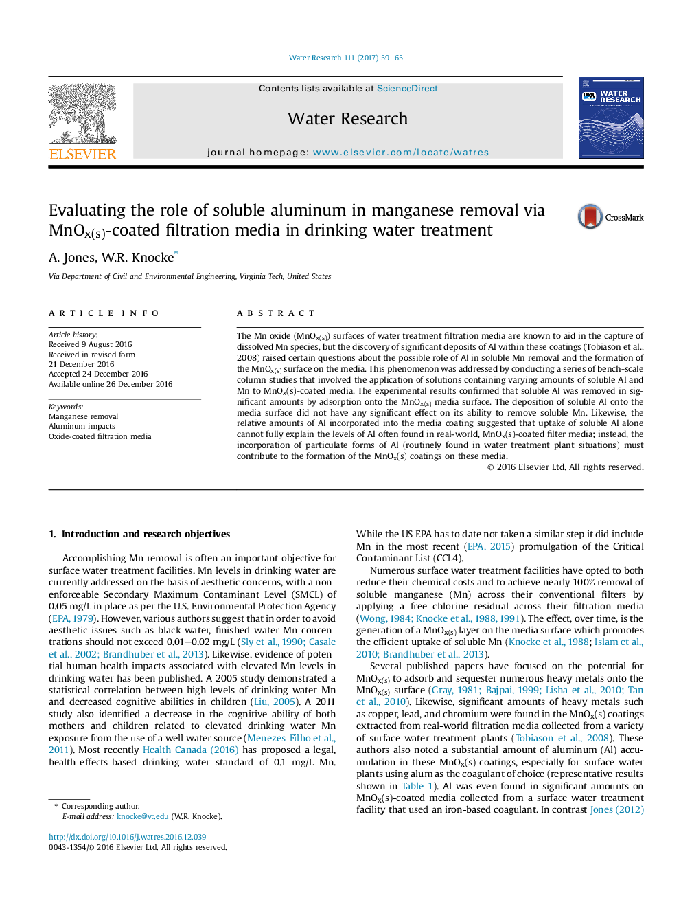 Evaluating the role of soluble aluminum in manganese removal via MnOx(s)-coated filtration media in drinking water treatment