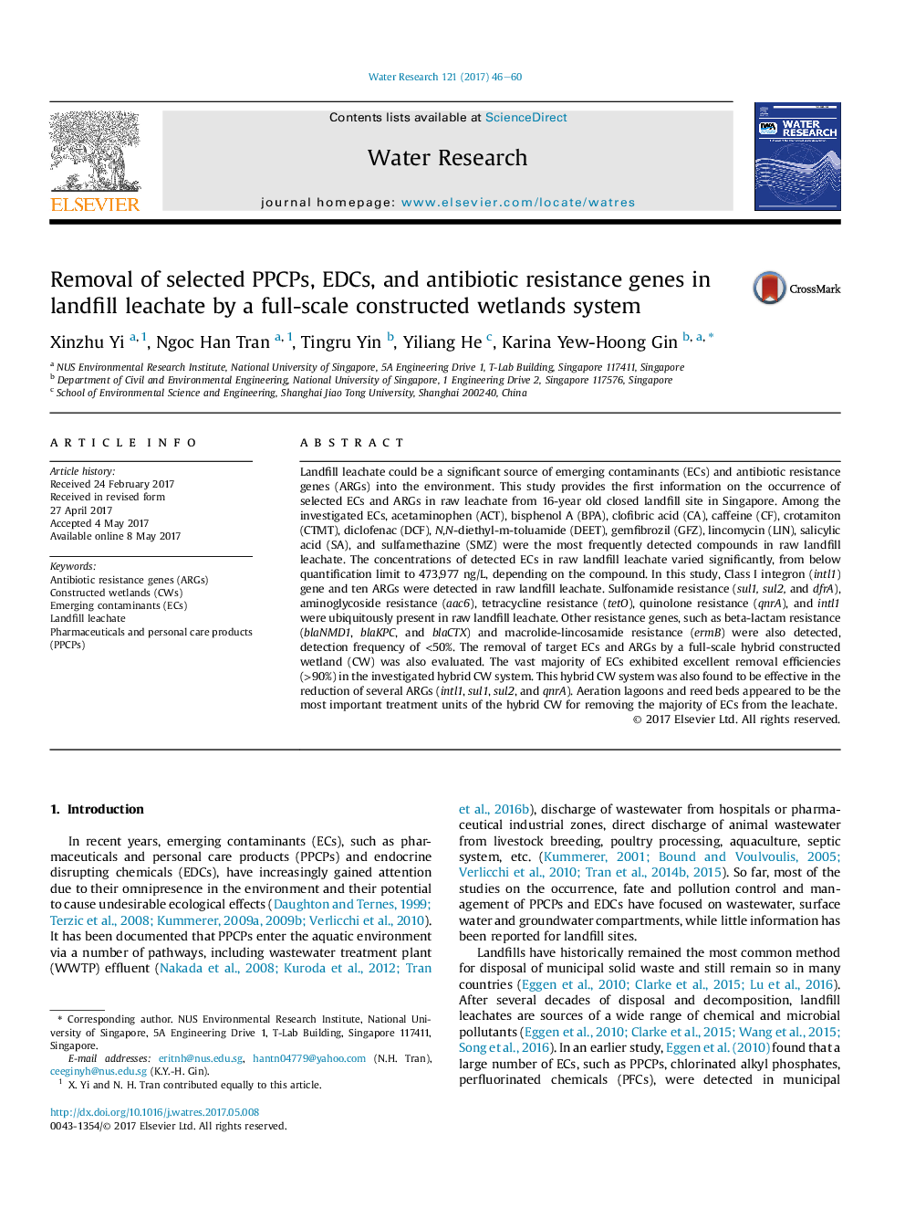 Removal of selected PPCPs, EDCs, and antibiotic resistance genes in landfill leachate by a full-scale constructed wetlands system