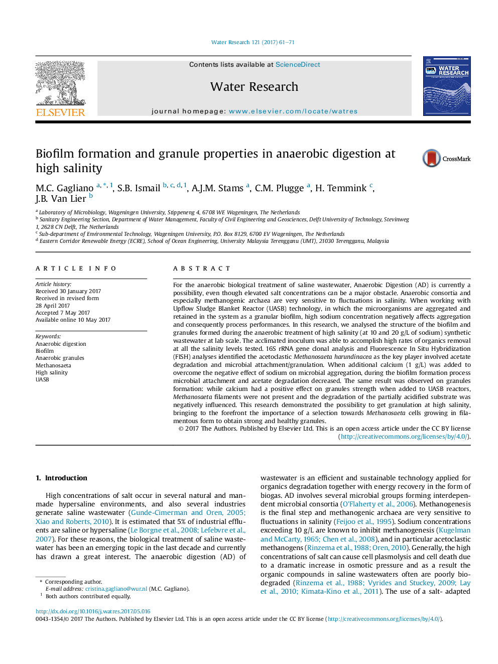 Biofilm formation and granule properties in anaerobic digestion at high salinity