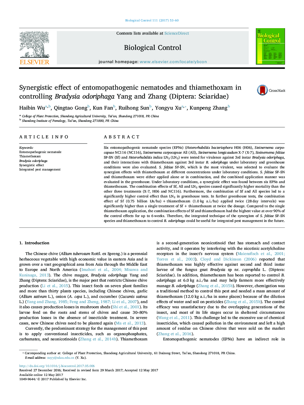 Synergistic effect of entomopathogenic nematodes and thiamethoxam in controlling Bradysia odoriphaga Yang and Zhang (Diptera: Sciaridae)