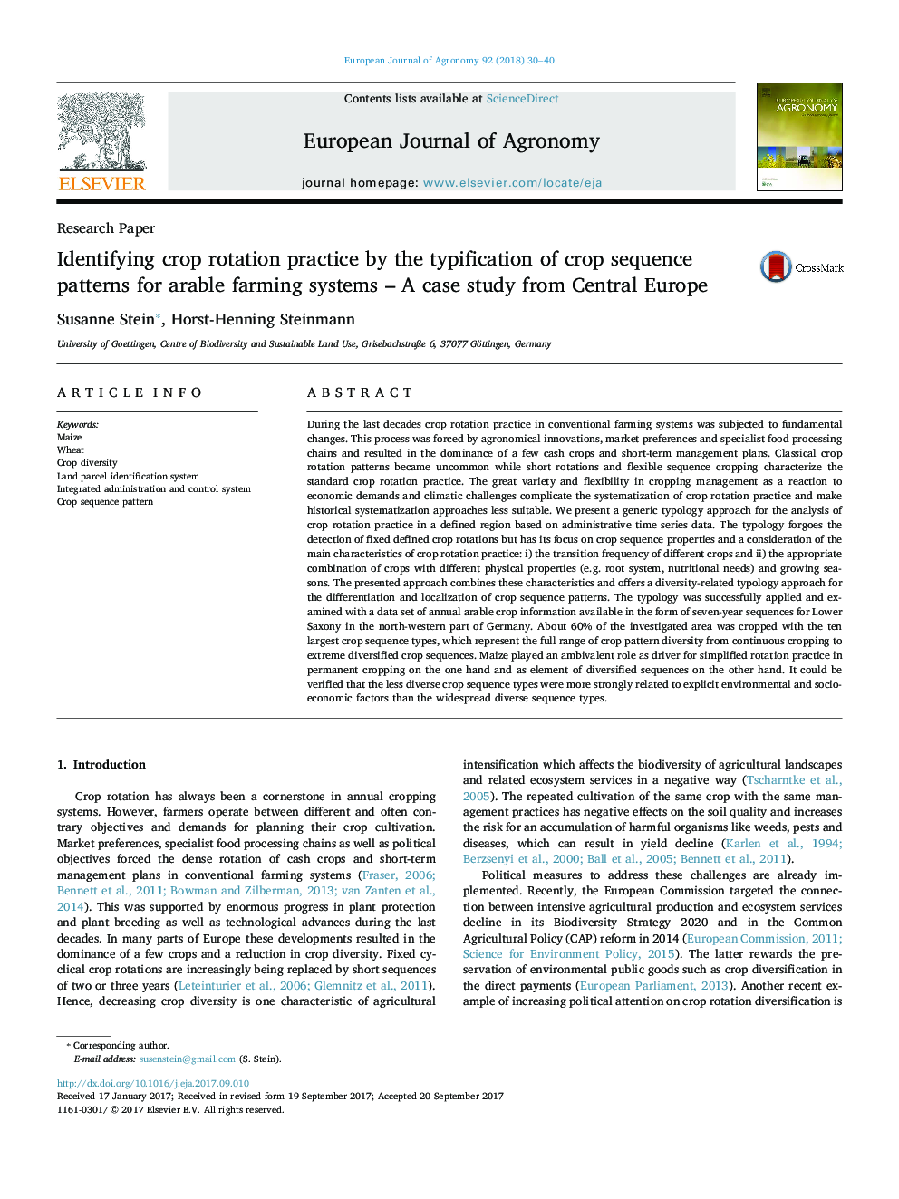 شناسایی عملکرد چرخش محصول با تایپیه الگوهای توالی محصول برای سیستم های کشاورزی مزرعه - مطالعه موردی از مرکز اروپا