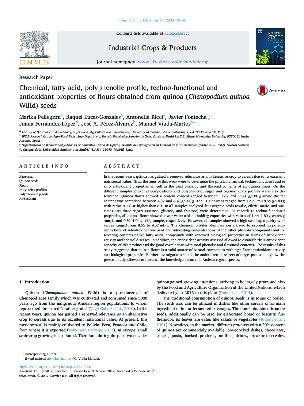 Chemical, fatty acid, polyphenolic profile, techno-functional and antioxidant properties of flours obtained from quinoa (Chenopodium quinoa Willd) seeds