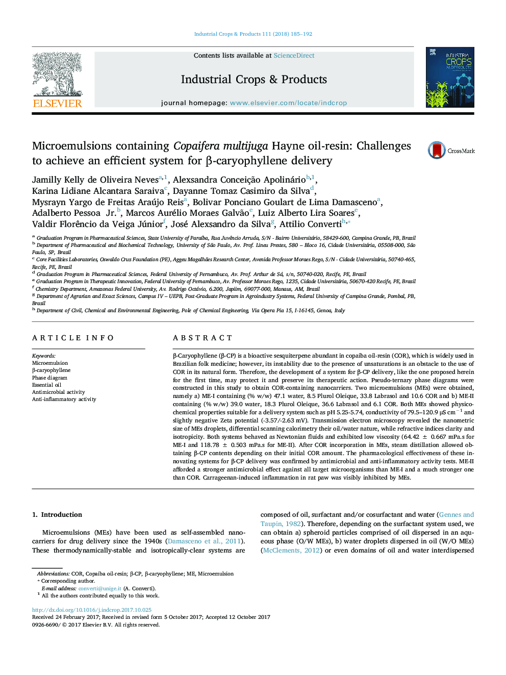 Microemulsions containing Copaifera multijuga Hayne oil-resin: Challenges to achieve an efficient system for Î²-caryophyllene delivery