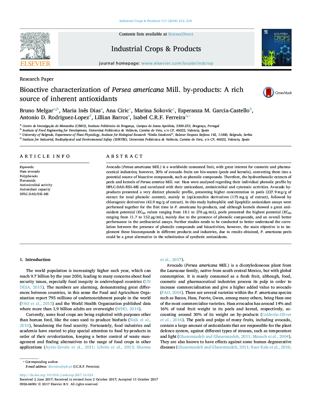 Bioactive characterization of Persea americana Mill. by-products: A rich source of inherent antioxidants