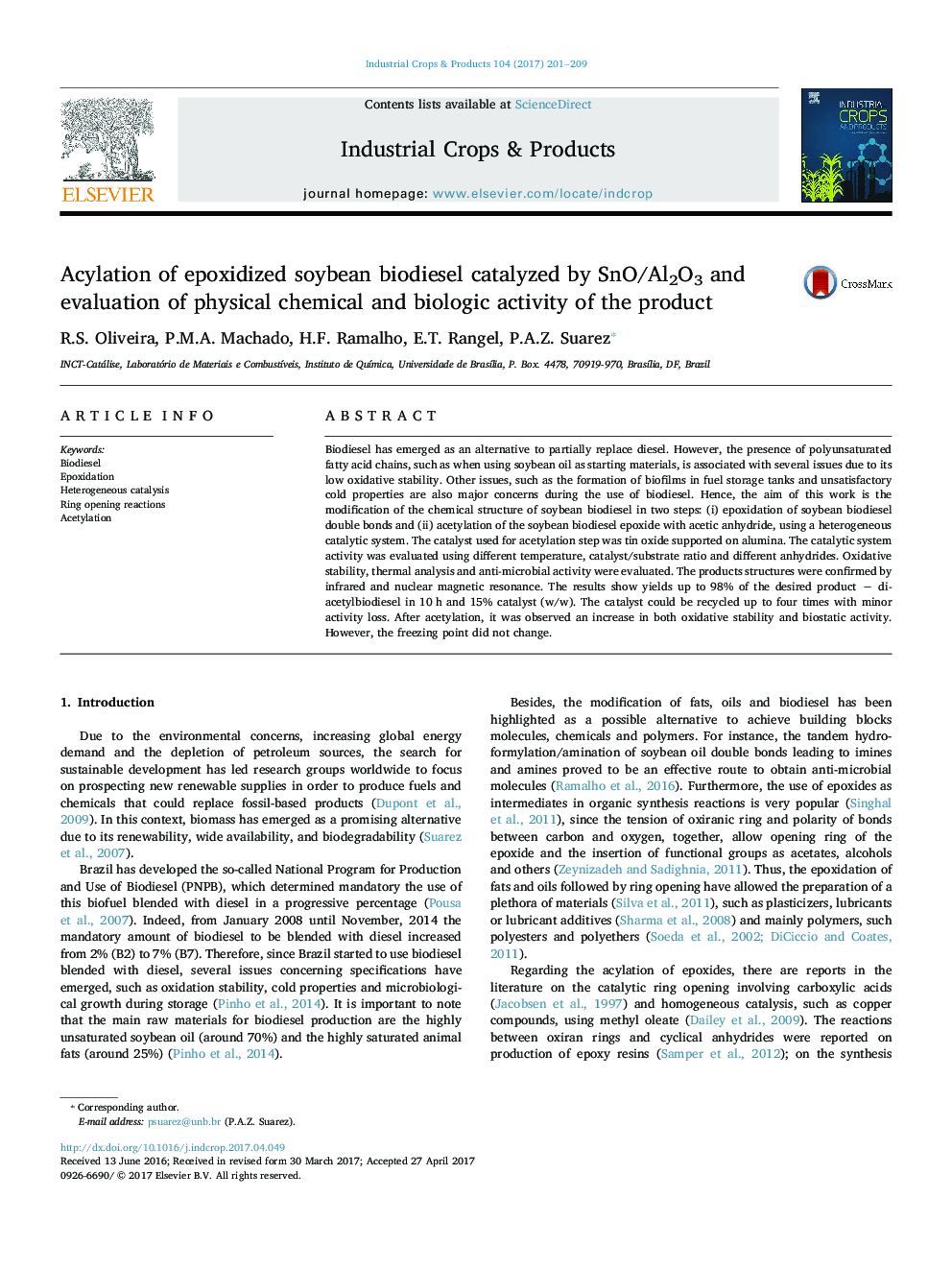 Acylation of epoxidized soybean biodiesel catalyzed by SnO/Al2O3 and evaluation of physical chemical and biologic activity of the product