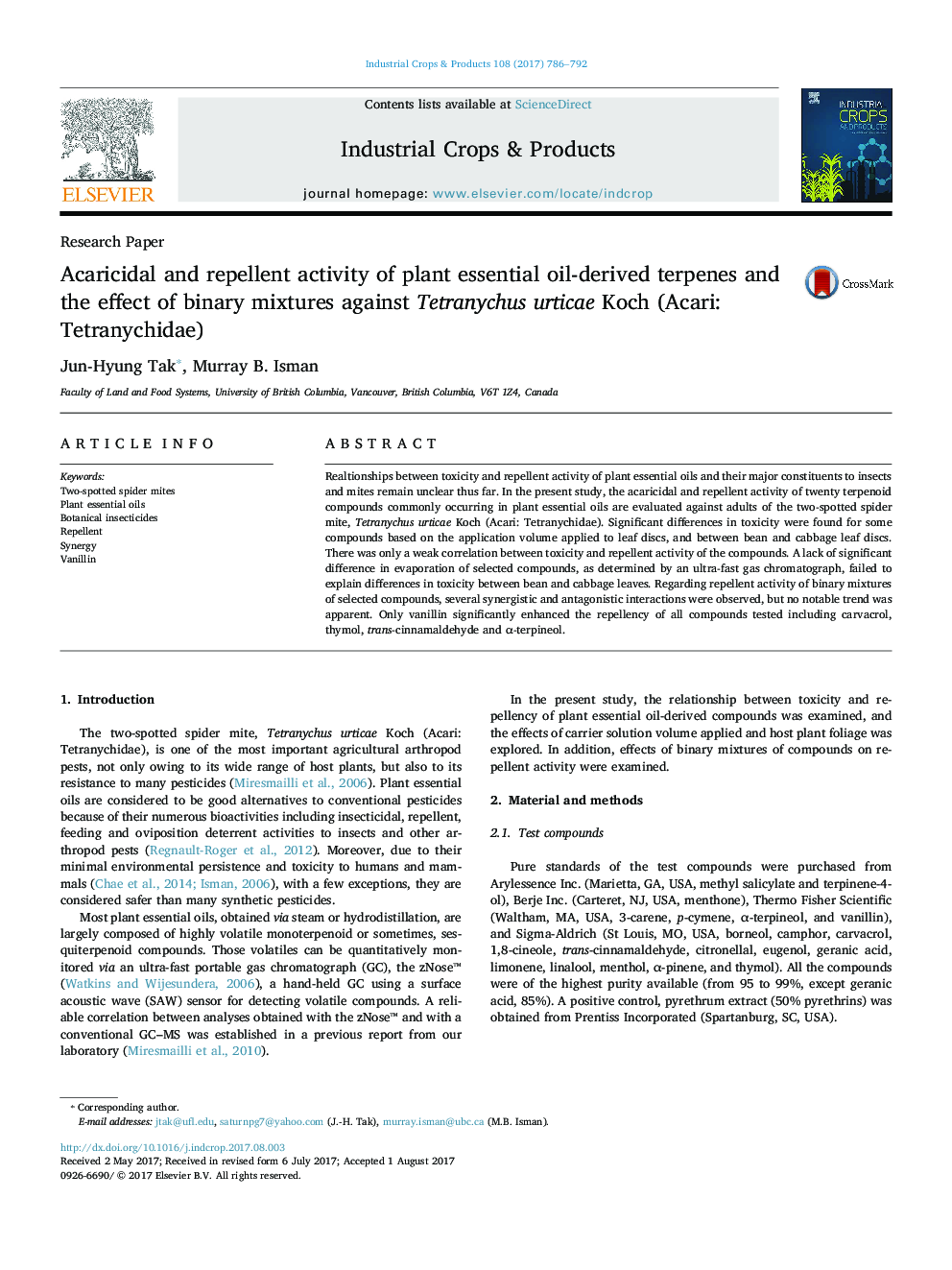 Acaricidal and repellent activity of plant essential oil-derived terpenes and the effect of binary mixtures against Tetranychus urticae Koch (Acari: Tetranychidae)