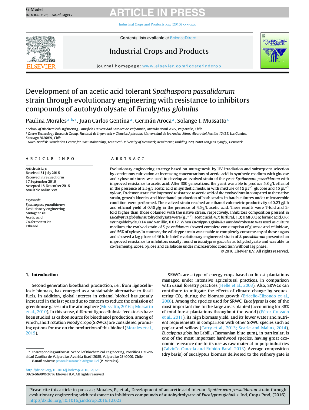 Development of an acetic acid tolerant Spathaspora passalidarum strain through evolutionary engineering with resistance to inhibitors compounds of autohydrolysate of Eucalyptus globulus