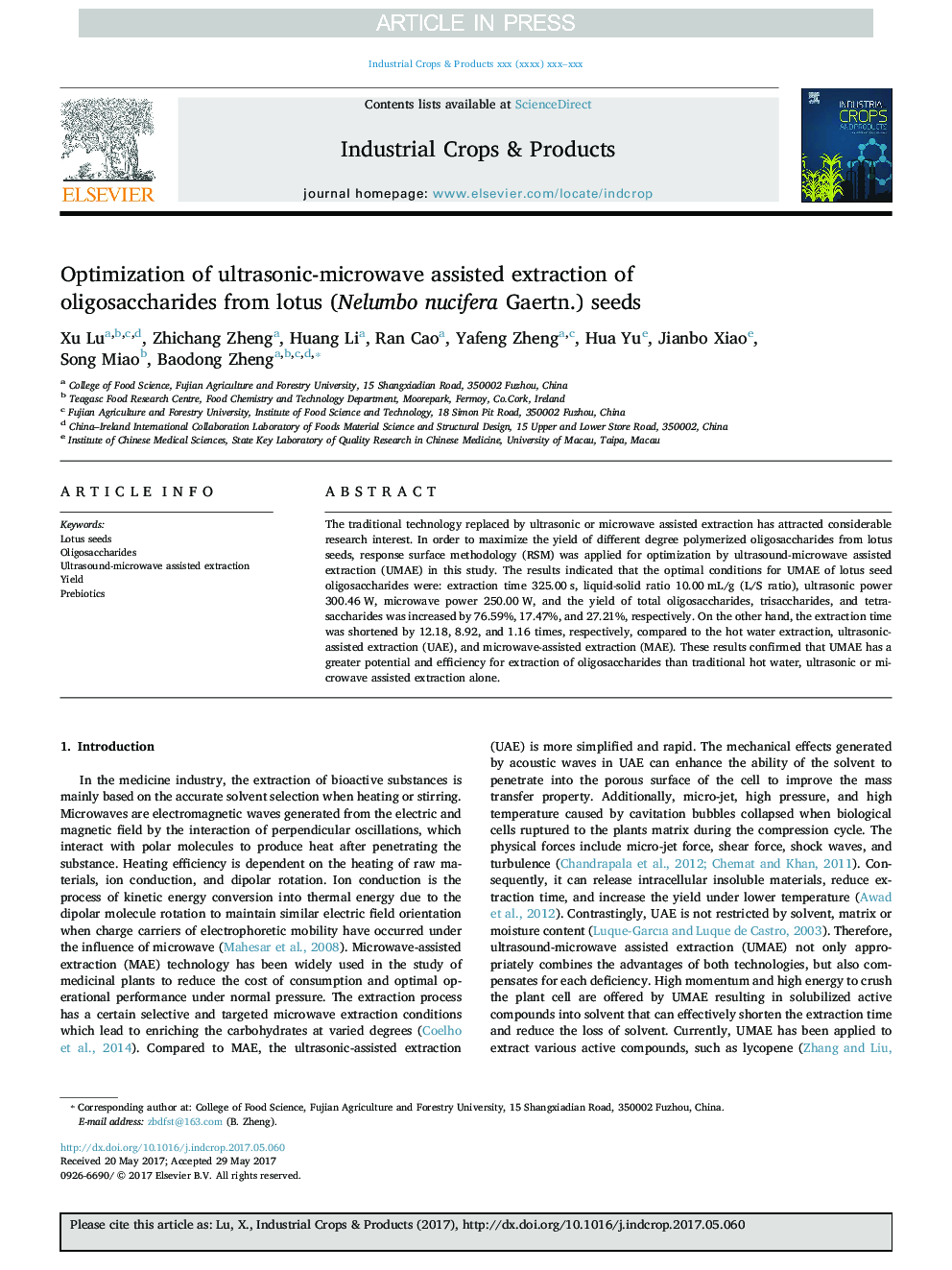 Optimization of ultrasonic-microwave assisted extraction of oligosaccharides from lotus (Nelumbo nucifera Gaertn.) seeds