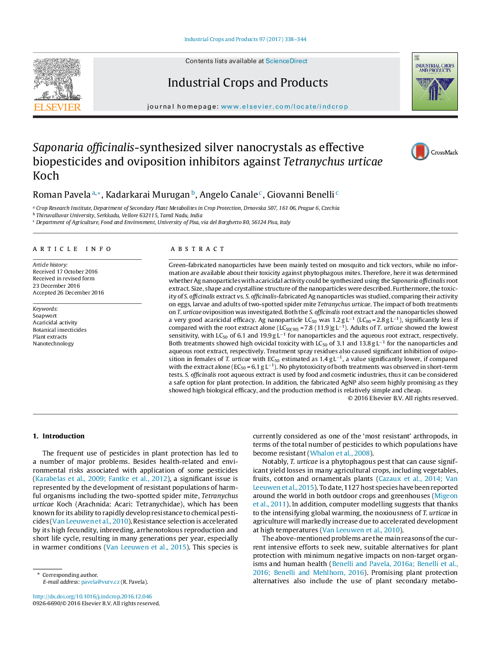 Saponaria officinalis-synthesized silver nanocrystals as effective biopesticides and oviposition inhibitors against Tetranychus urticae Koch