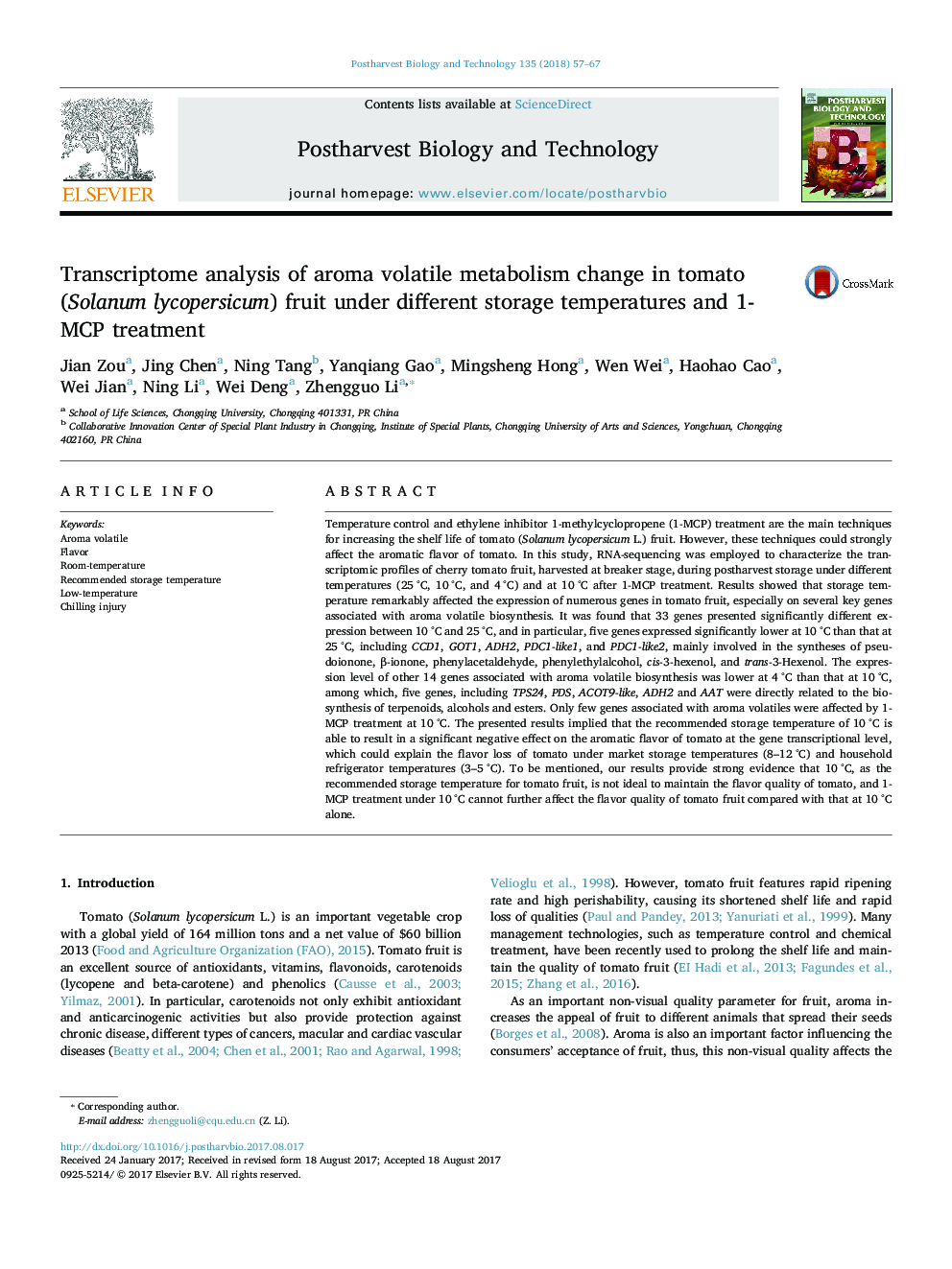 Transcriptome analysis of aroma volatile metabolism change in tomato (Solanum lycopersicum) fruit under different storage temperatures and 1-MCP treatment