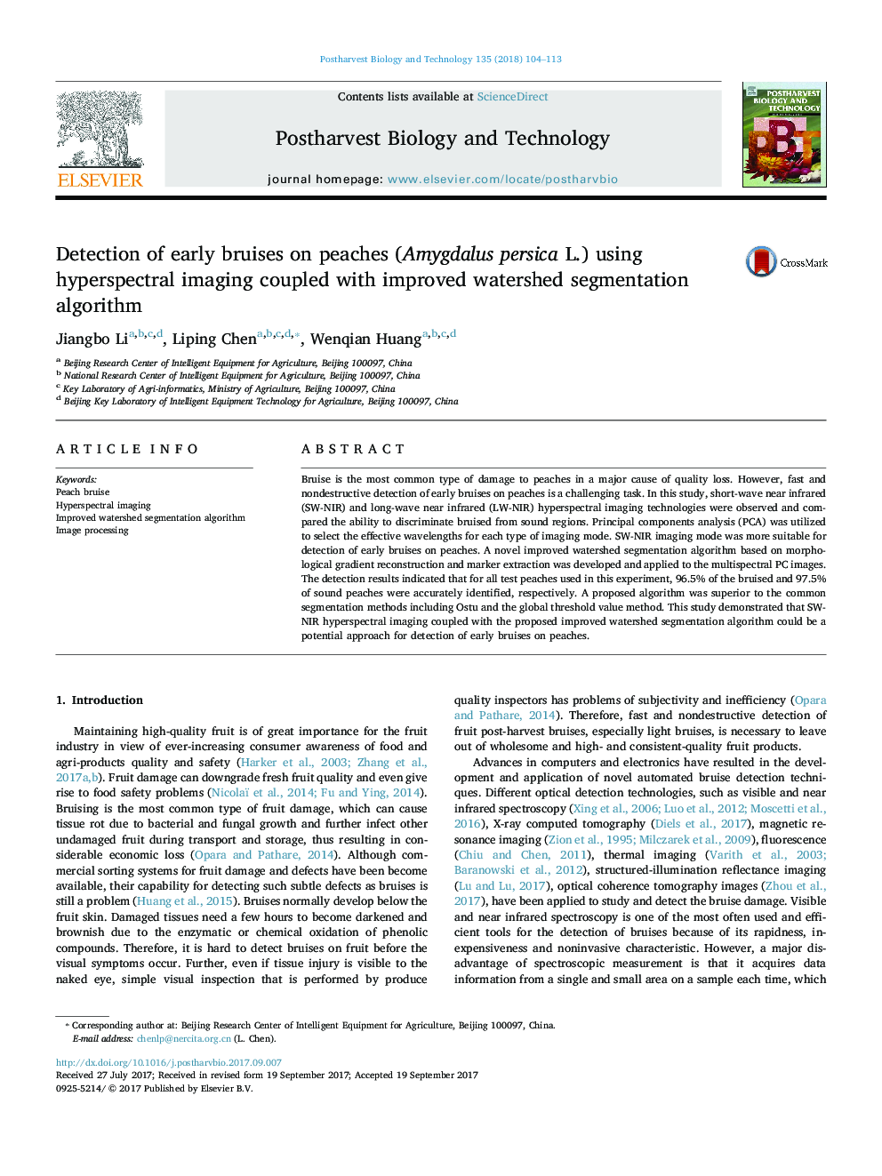 Detection of early bruises on peaches (Amygdalus persica L.) using hyperspectral imaging coupled with improved watershed segmentation algorithm
