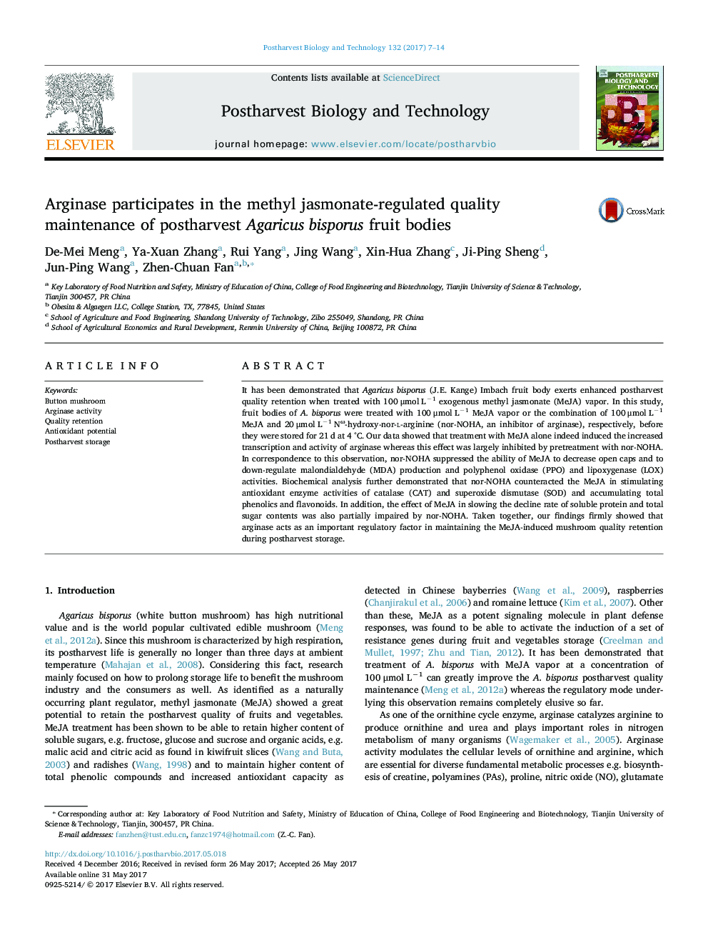 Arginase participates in the methyl jasmonate-regulated quality maintenance of postharvest Agaricus bisporus fruit bodies