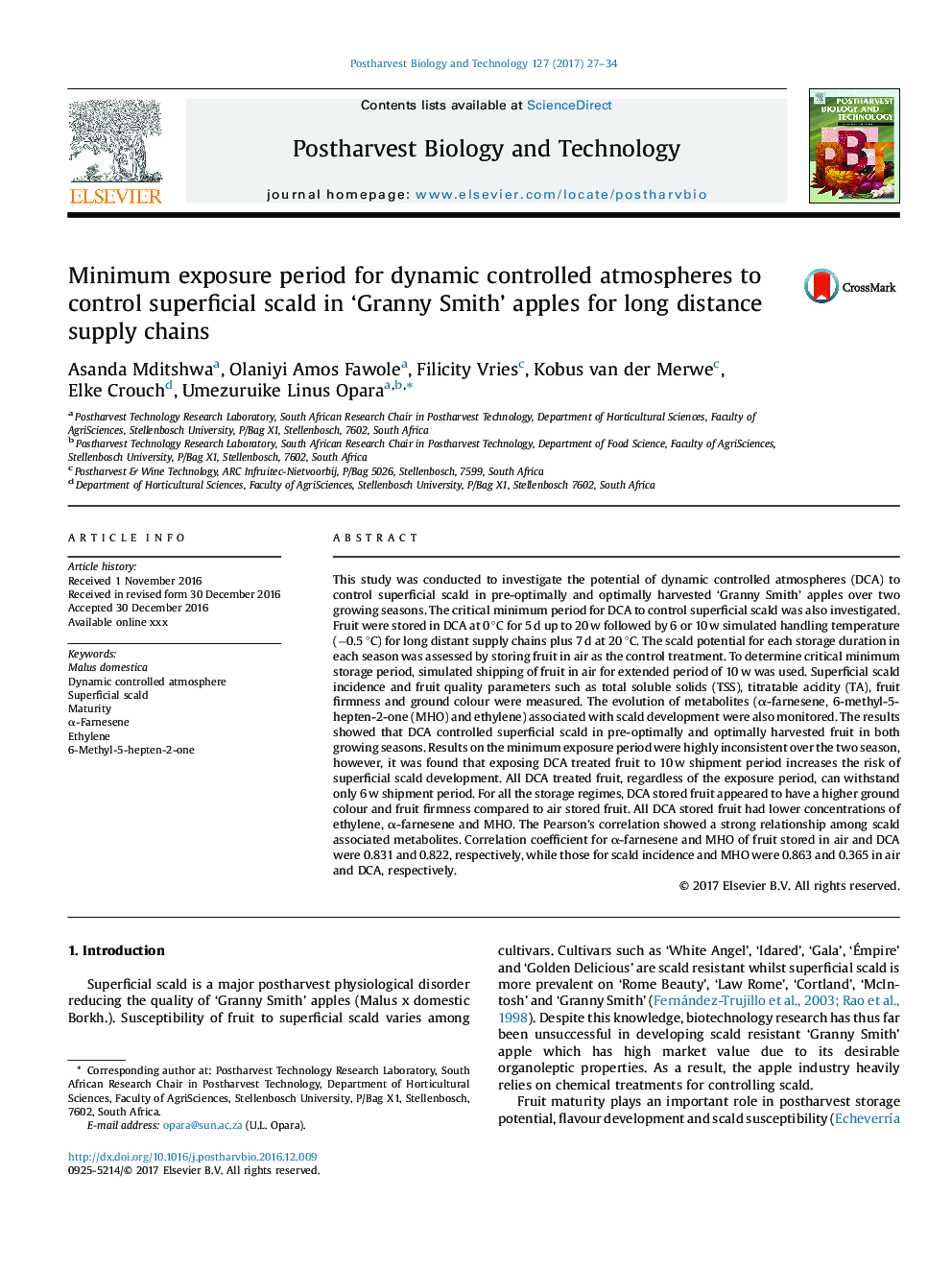 Minimum exposure period for dynamic controlled atmospheres to control superficial scald in 'Granny Smith' apples for long distance supply chains