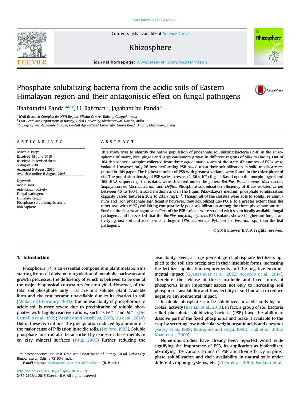 باکتری های حل کننده فسفات از خاک های اسیدی منطقه هیمالیا شرقی و تأثیر آنتاگونیستی آن بر پاتوژن های قارچی 