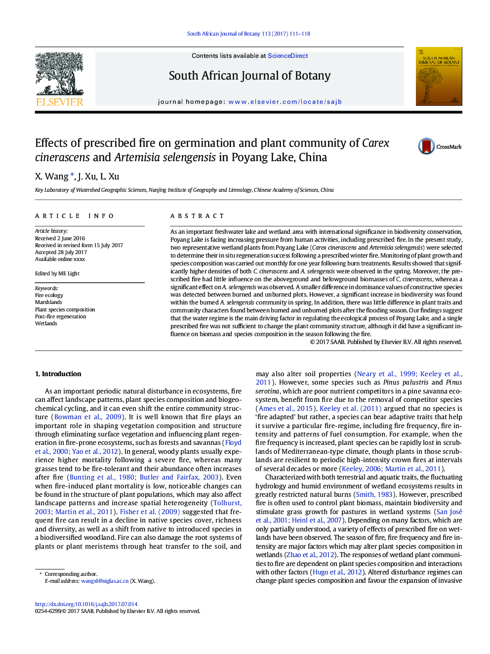 Effects of prescribed fire on germination and plant community of Carex cinerascens and Artemisia selengensis in Poyang Lake, China