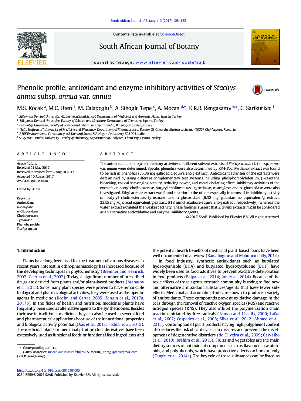 Phenolic profile, antioxidant and enzyme inhibitory activities of Stachys annua subsp. annua var. annua