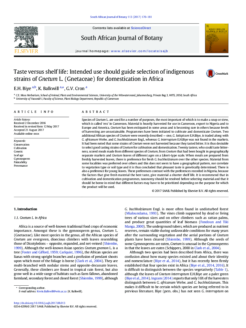 Taste versus shelf life: Intended use should guide selection of indigenous strains of Gnetum L. (Gnetaceae) for domestication in Africa