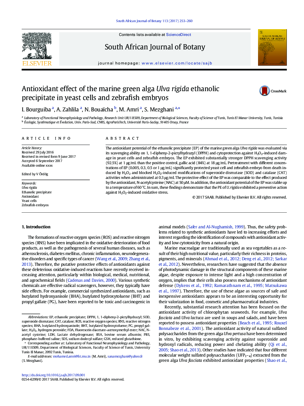 Antioxidant effect of the marine green alga Ulva rigida ethanolic precipitate in yeast cells and zebrafish embryos