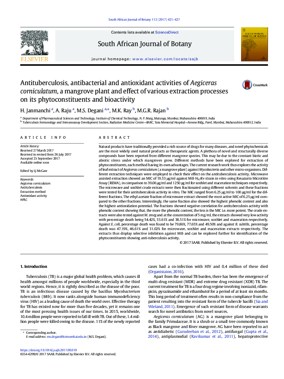 Antituberculosis, antibacterial and antioxidant activities of Aegiceras corniculatum, a mangrove plant and effect of various extraction processes on its phytoconstituents and bioactivity