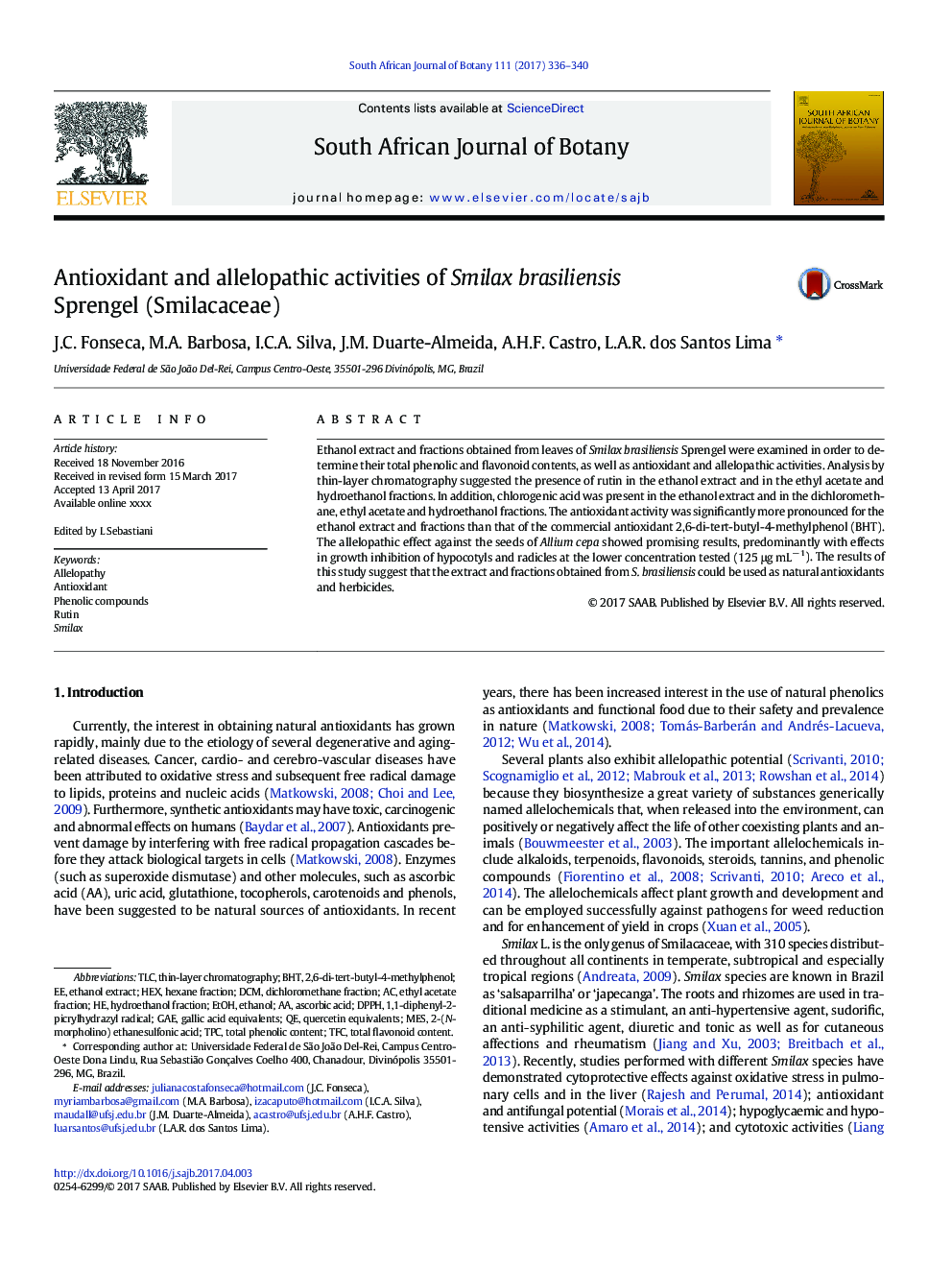 Antioxidant and allelopathic activities of Smilax brasiliensis Sprengel (Smilacaceae)