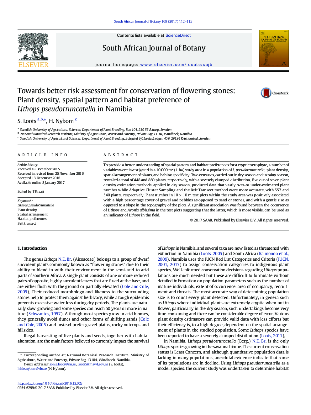 Towards better risk assessment for conservation of flowering stones: Plant density, spatial pattern and habitat preference of Lithops pseudotruncatella in Namibia