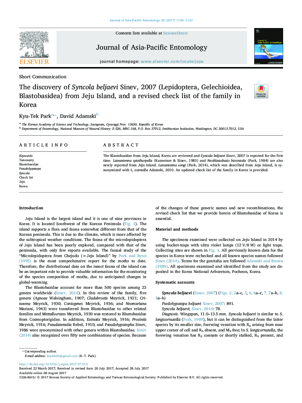 The discovery of Syncola beljaevi Sinev, 2007 (Lepidoptera, Gelechioidea, Blastobasidea) from Jeju Island, and a revised check list of the family in Korea