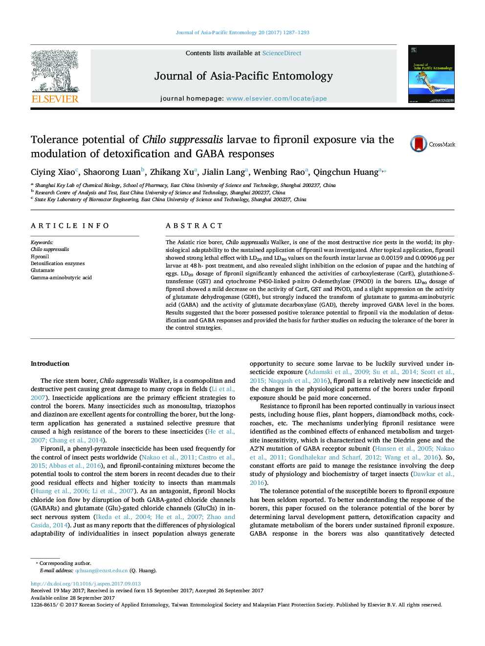 Tolerance potential of Chilo suppressalis larvae to fipronil exposure via the modulation of detoxification and GABA responses