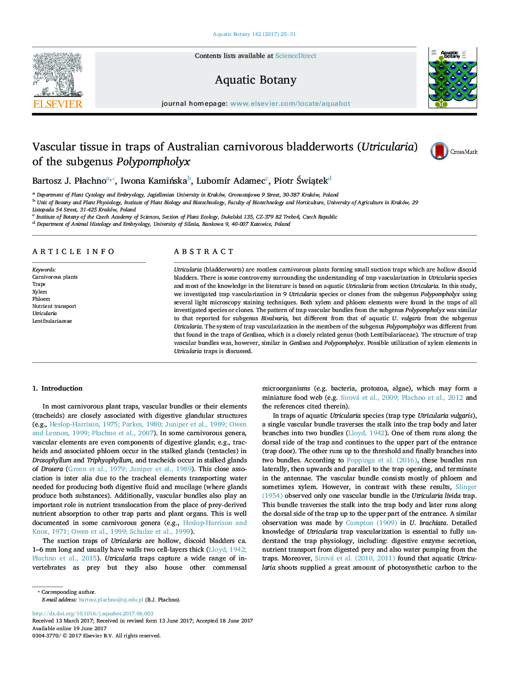 Vascular tissue in traps of Australian carnivorous bladderworts (Utricularia) of the subgenus Polypompholyx
