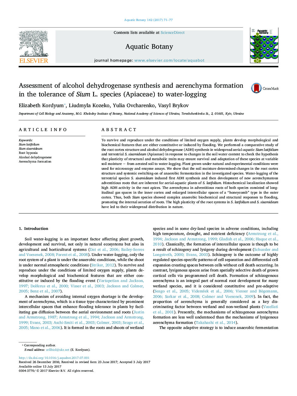 Assessment of alcohol dehydrogenase synthesis and aerenchyma formation in the tolerance of Sium L. species (Apiaceae) to water-logging