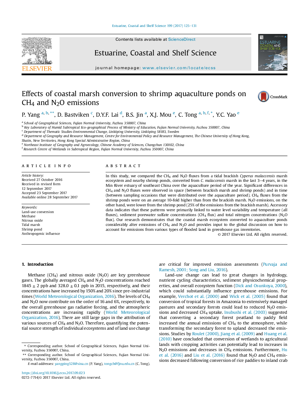 Effects of coastal marsh conversion to shrimp aquaculture ponds on CH4 and N2O emissions