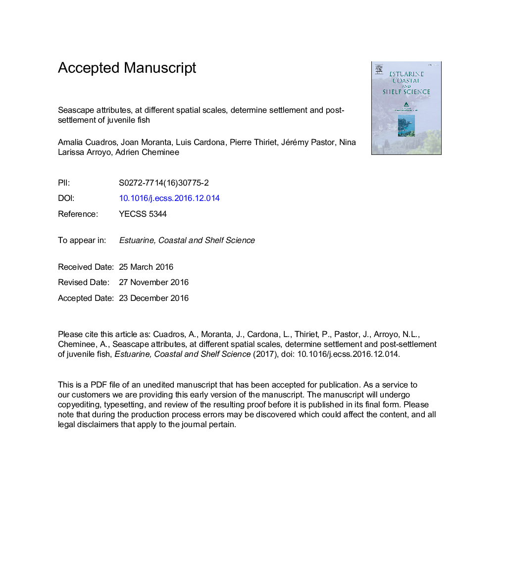 Seascape attributes, at different spatial scales, determine settlement and post-settlement of juvenile fish