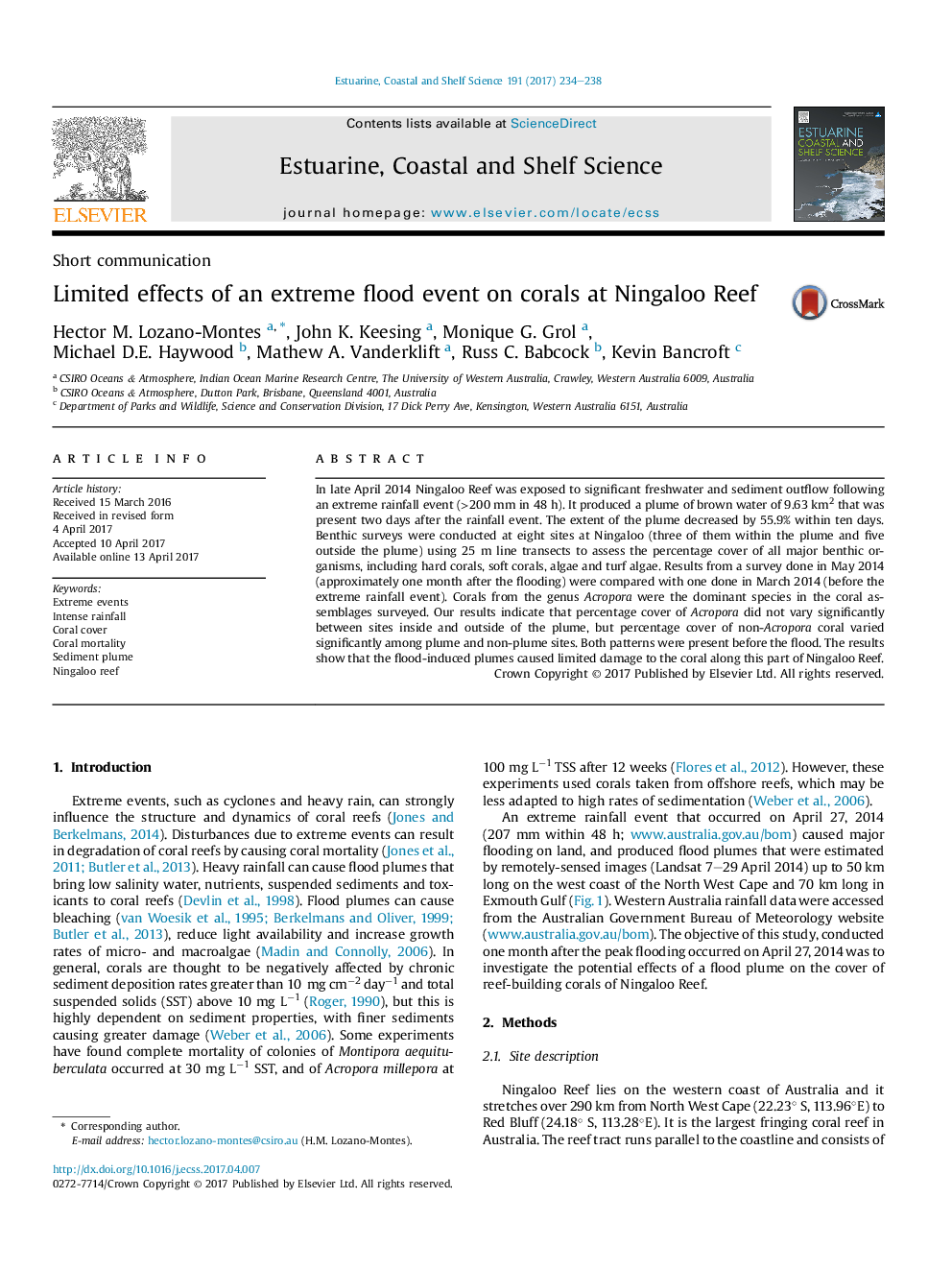 Short communicationLimited effects of an extreme flood event on corals at Ningaloo Reef