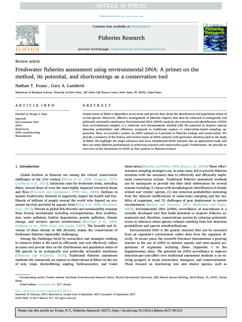 Freshwater fisheries assessment using environmental DNA: A primer on the method, its potential, and shortcomings as a conservation tool