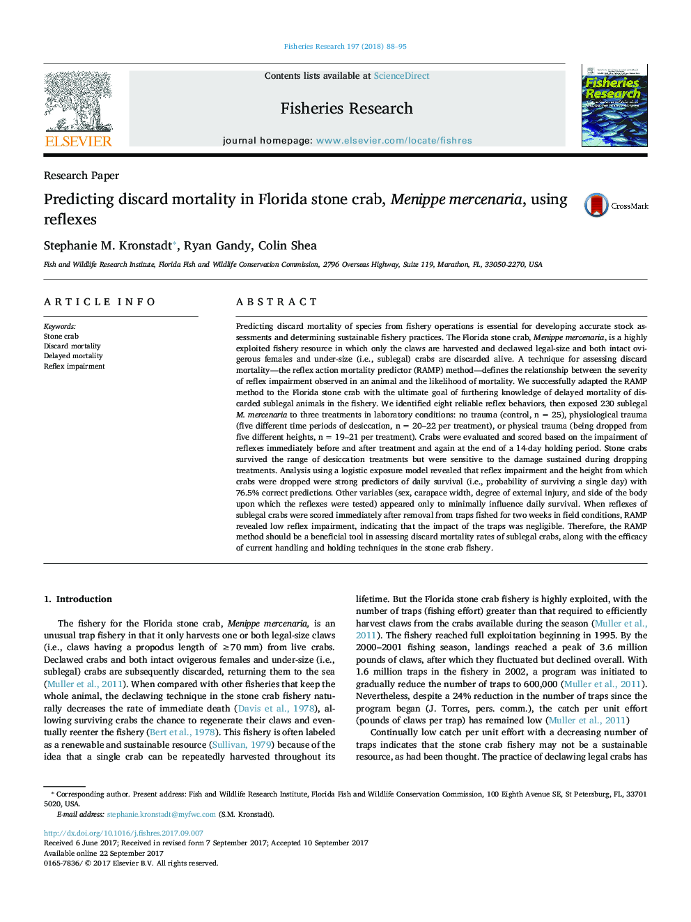 Research PaperPredicting discard mortality in Florida stone crab, Menippe mercenaria, using reflexes